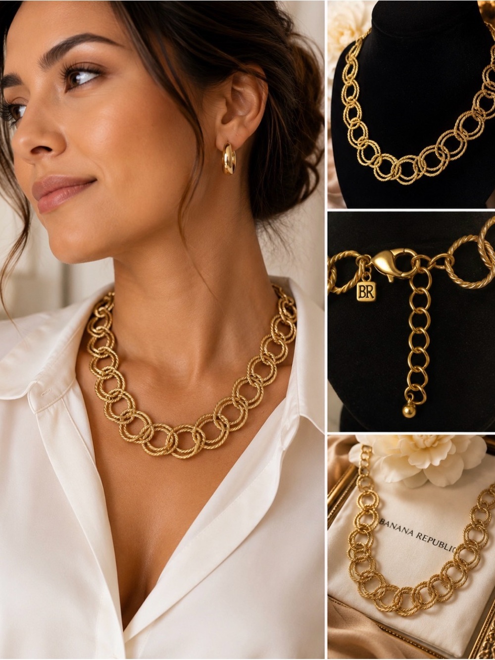 Banana Republic Brushed Gold Interlocking Circle Link Statement Necklace